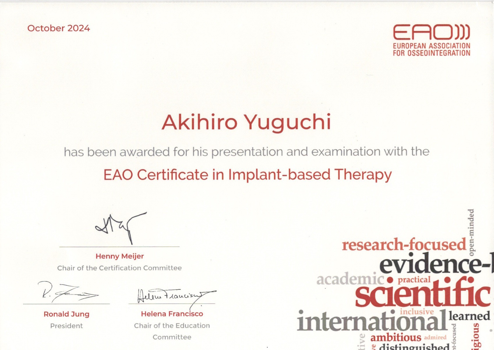 EAO Certificate in Implant-based Therapy 認定証