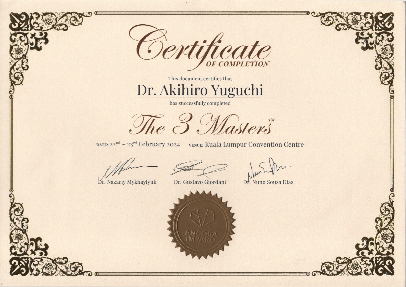 The 3 Masters コース修了証(クアラルンプール)