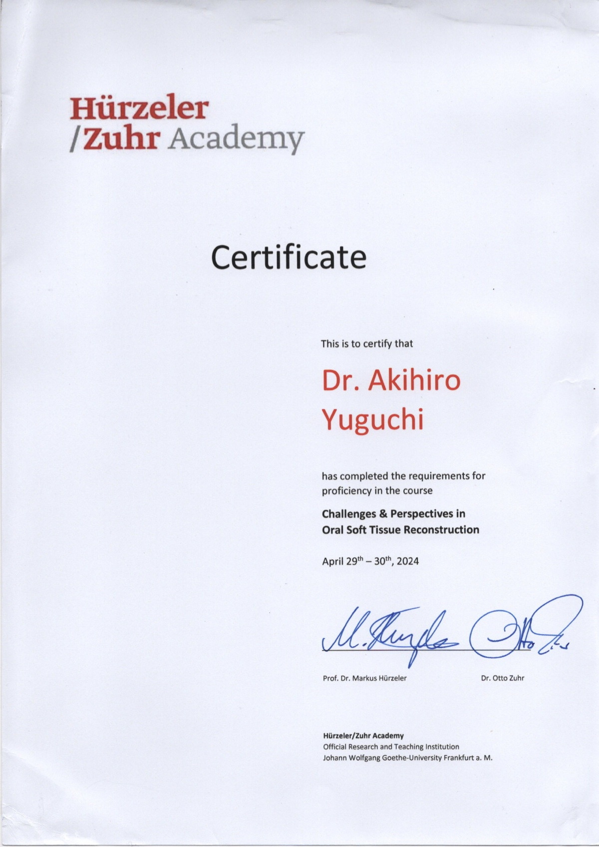 Hürzeler/Zuhr Academy コース修了証